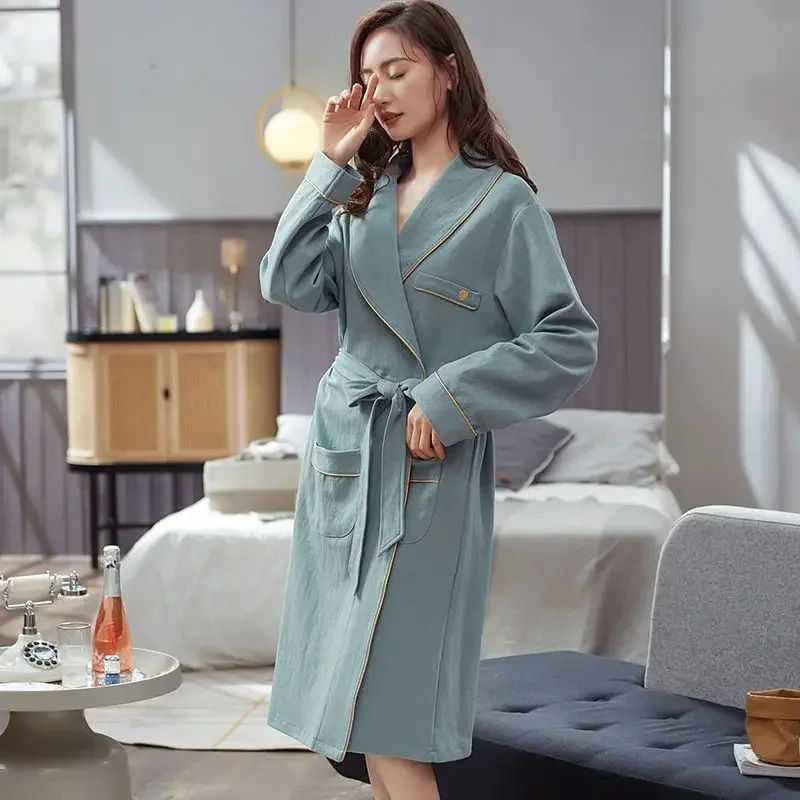 Female Pure Cotton Sweet Cute Simple  Solid Color Loungewear All Cotton Bathrobe Night Gown Spring and Autumn Wintertime Pajamas