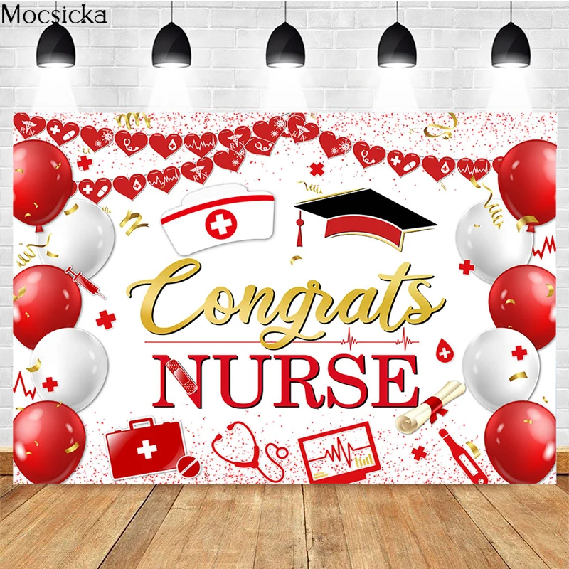 

Congrats Nurse Graduation Photography Background Love Balloons Nurse Hat Bachelor Hat Decorations Character Portrait Photo Props