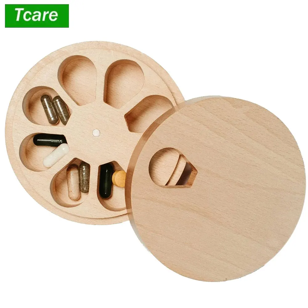 

1 шт. Деревянный органайзер для таблеток на неделю, контейнер для лекарств и витаминов на 7 дней, средний размер, с отделениями, портативный дорожный футляр для ежедневного использования