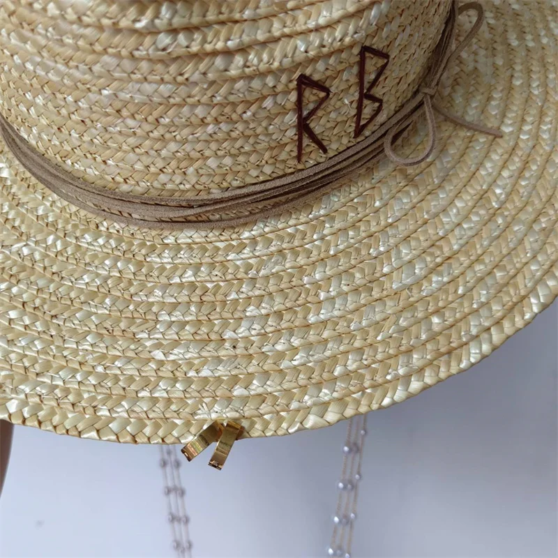 White straw hat pearl chain DIY flat top sun hat new Korean elastic ribbon hat beach hat candy color sun hat