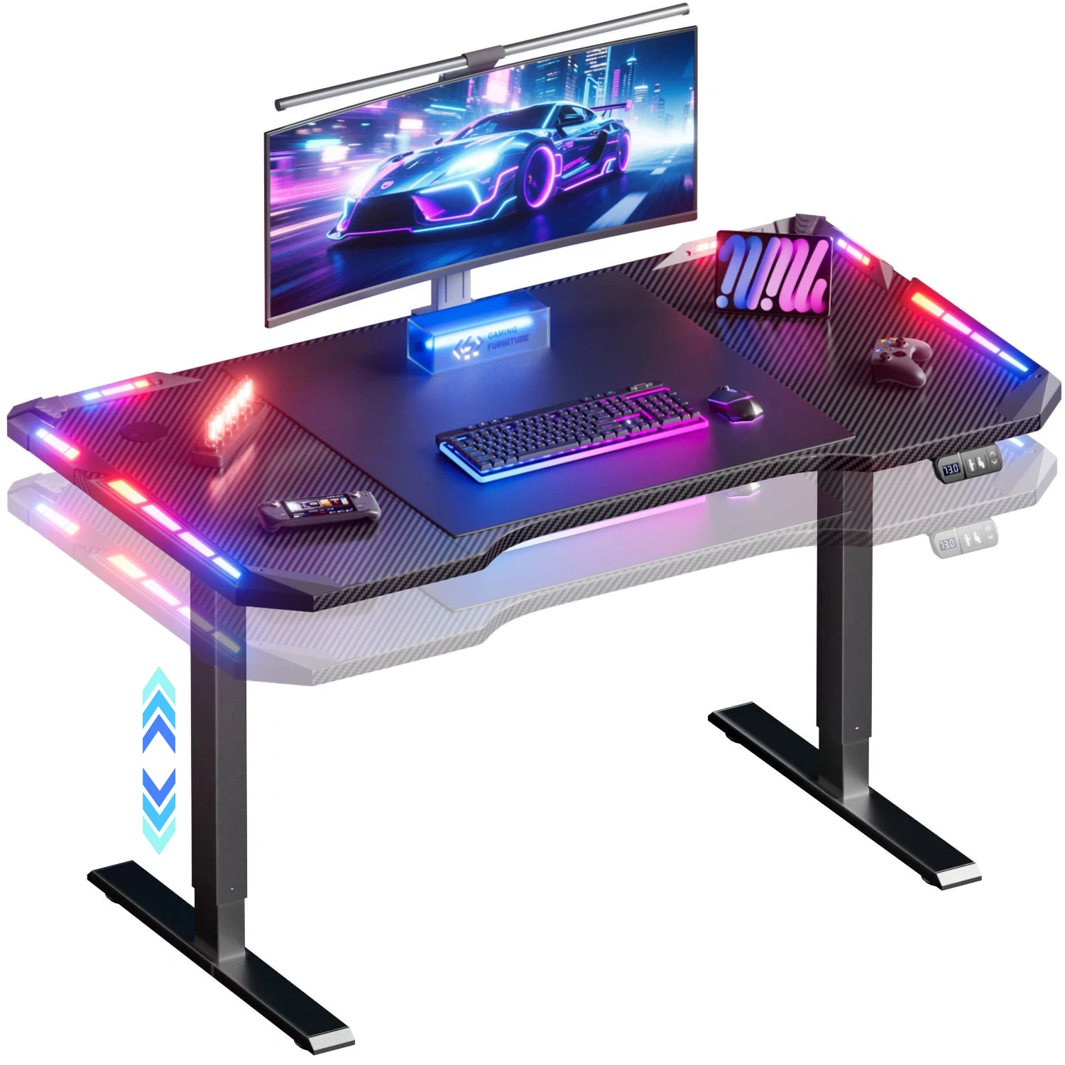Elektrisch Höhenverstellbarer Gaming-Schreibtisch mit App-gesteuerter LED-Beleuchtung, Carbonfaser-Oberfläche PC-Gaming-Tisch, 2 Höhen-Memory-Presets, Verschiedene Größen,
