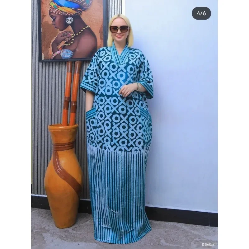 

Новое поступление 2025 года, свободное женское/женское летнее платье макси с длинным принтом и короткими рукавами, абая в африканском стиле