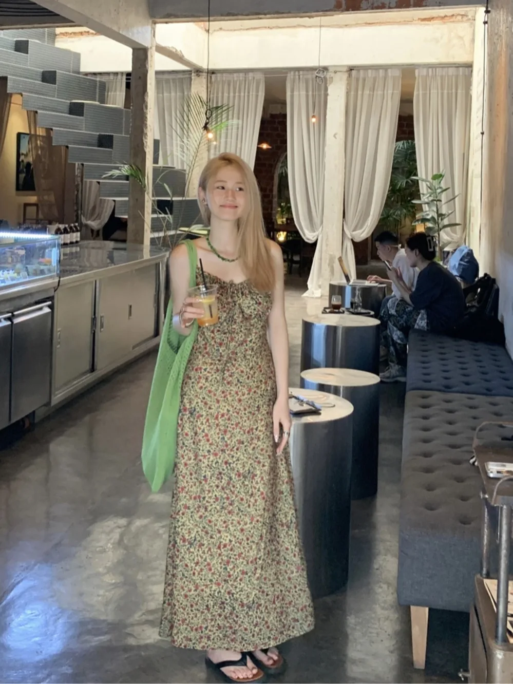 

plus Size Women's Vintage Floral Print Halter Dress Summer New Style Waist Cinching Knee-Length Long Dress Korean Style Commute