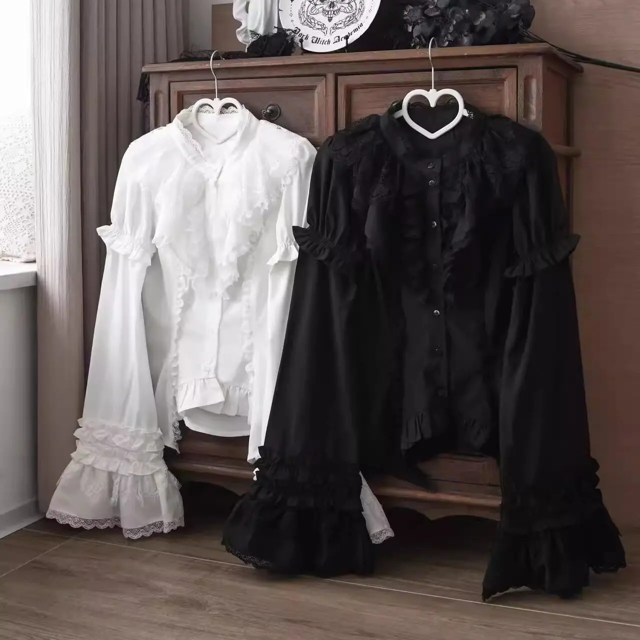 Gothic Lolita Blouse with Detachable Bell Sleeves Spring Summer Ruffled Lace Stand Collar Shirt Women's Black White Blouse Tops