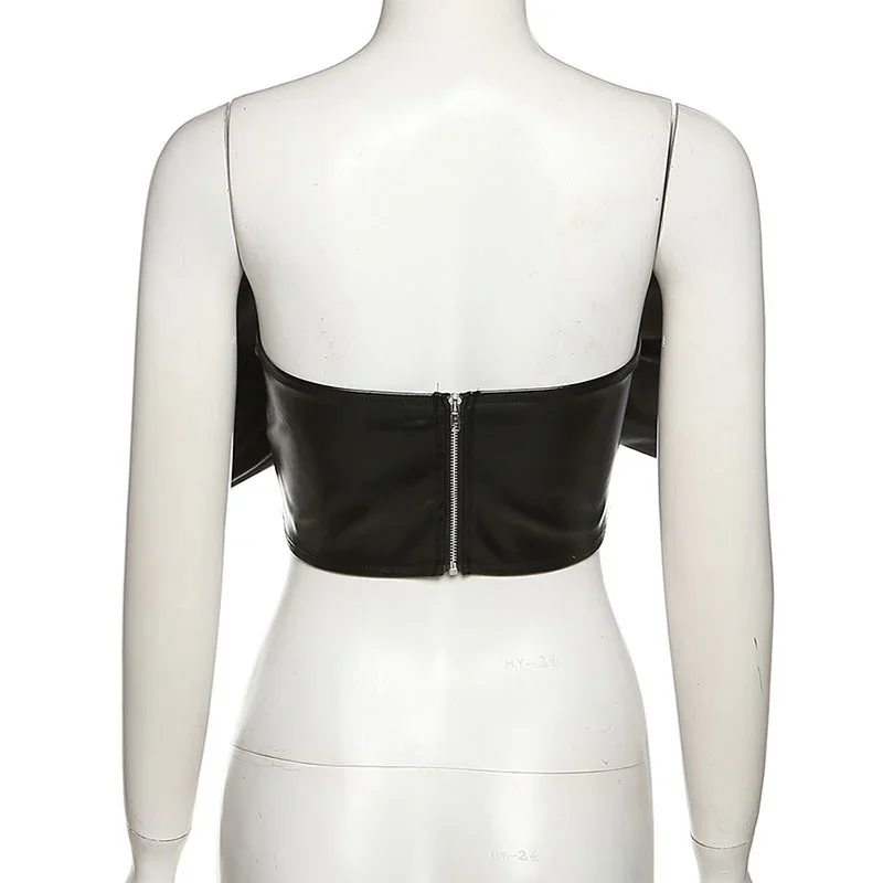 Biw القوس حزام تانك الأعلى المرأة قصيرة مفتوحة السري بو الجلود أكمام أعلى مثير حمالة كرو القمم الأزياء