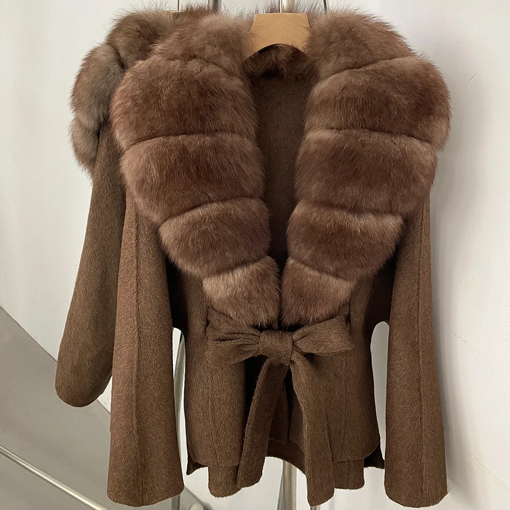 OFTBUY Neue Winterkleidung für Damen, Luxuriöser Kurzer 100% Wollmantel mit Natürlichem Pelzkragen, Warmem Gürtel und Echtem Fuchspelz, Wolljacke für Damen – Detail 12