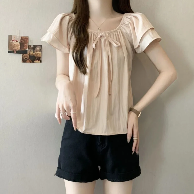 Chemise coréenne plissée à laçage avec nœud, hauts pour femmes, vêtements d'été, fin, manches courtes, couleur unie, ample, doux, mode décontractée, tendance