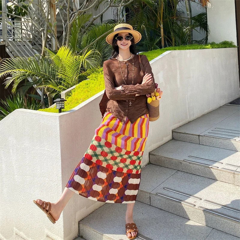 New Women's Skirts  Fashion Spring and Summer Skirt Fashion Holiday Pop Print Fold Overskirt Long Straight Loose Beautiful Skirt