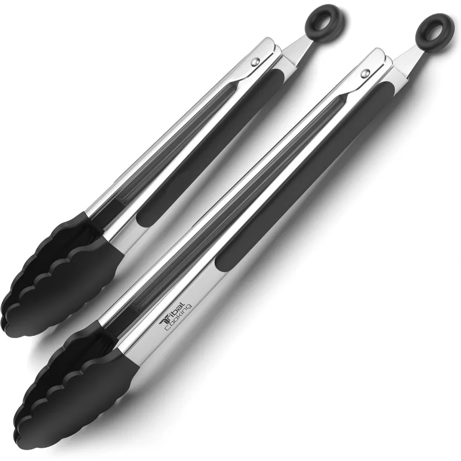 

щипцы с силиконовыми насадками — щипцы из нержавеющей стали для приготовления пищи — щипцы диаметром 9 и 12 дюймов с нескользящими ручками из силиконовой резины. Термостойкая конструкция.