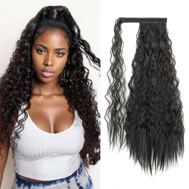 24Inch Synthetic Long Kinky Curly Ponytail Wrap Around Clip in Hair Extension Black Brown Hairpiece for Women