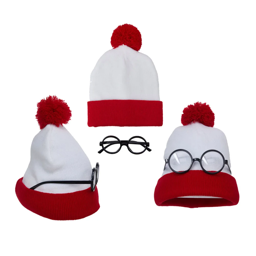 Christmas Adult Men Women  Santa Claus Red Knitted Hat Round Frame Retro Glasses Clothing Accessories Holiday Props