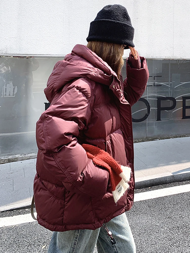 LANMREM Korean Style Red Hooded Cotton Coat Women\'s Pockets Loose Short Jackets Fashion Winter Female New Clothing 2VV1841