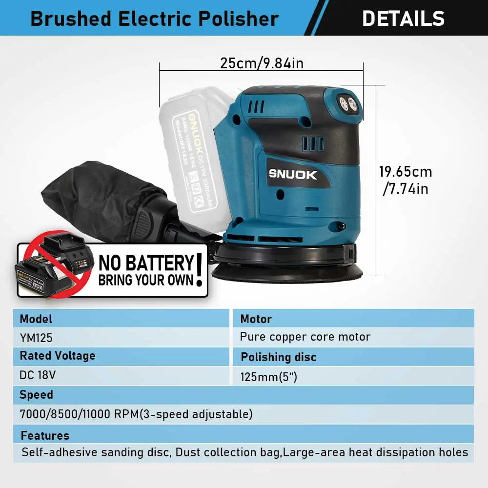 SNUOK 125mm Handheld Sander No Battery Woodworking Disc Polishing Machine Car Beauty 8Hole Waxing Machine For Makita 18V Battery