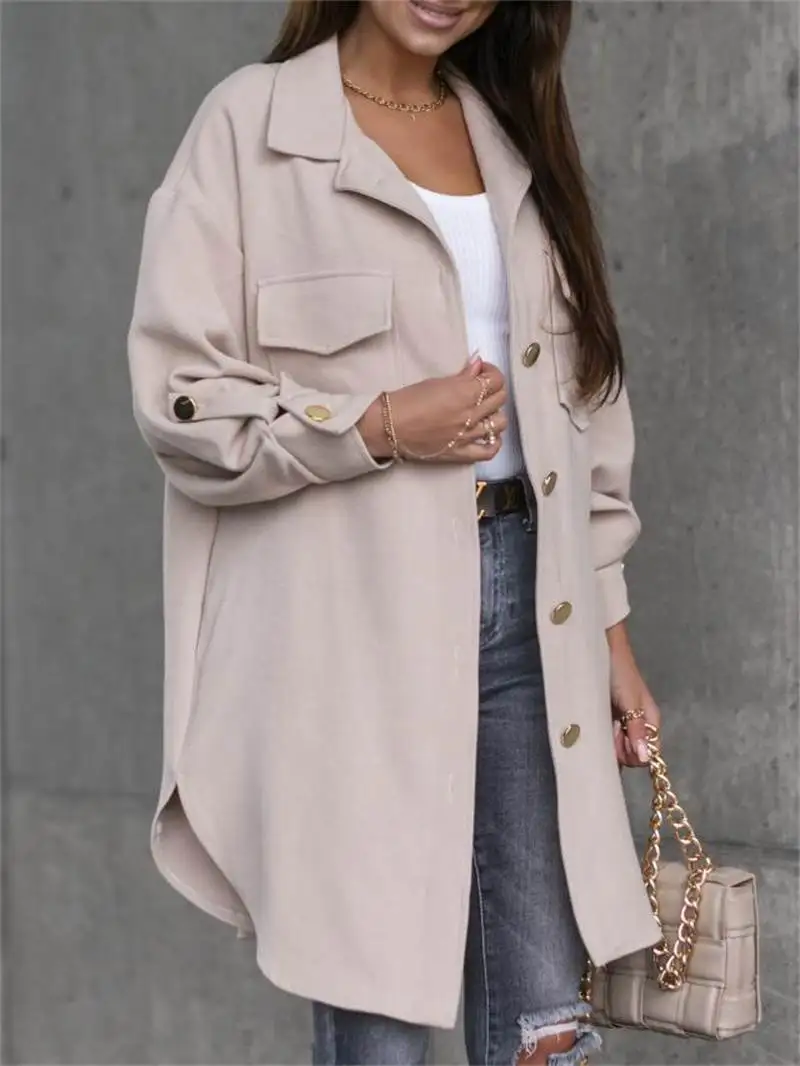 New 202 Long irt Jaet Coat for Women Autumn Winter Faion Streetwear Casual Oversized Button down Outerwear