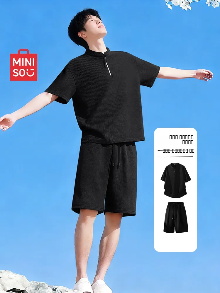 miniso-men's-cool-summer-outfit-set-quick-dry-sweat-absorbent-two-piece-short-sleeve-shorts-casual-sportswear-polyester-fiber