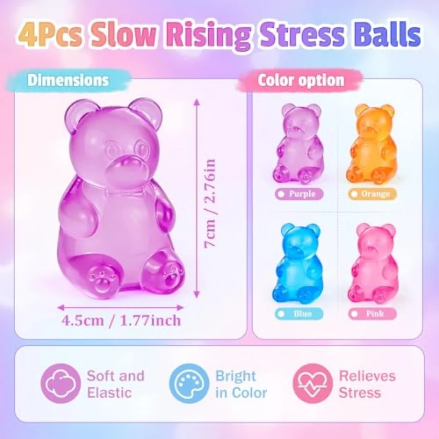 4 Pack Gummy Bear Squishy Toys, Slow Rising Stress Relief Squeeze Toys, Cute Fidget Toys for Adults, Party Favors and Gifts