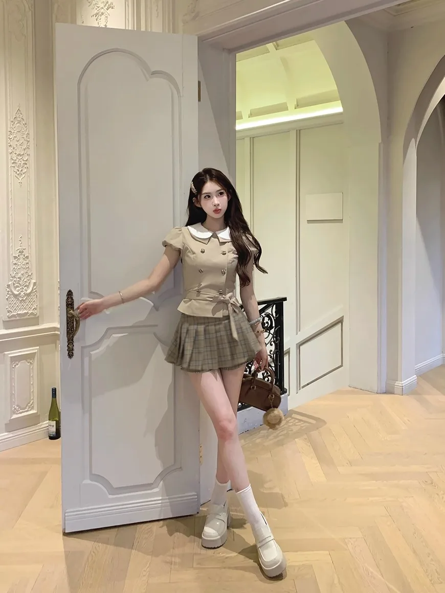 Mochi British Style Checkered Plaid Doll Collar Short Sleeve Top And Skirt Set High Waist A-Line Midi Skirt Contrast Color
