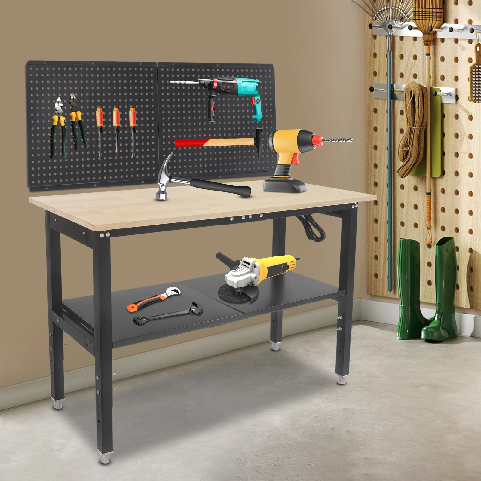 120*50cm Work Table with Power Outlets, Adjustable Height Workbench, Work Table with Pegboard Suitable for Restaurants, Homes