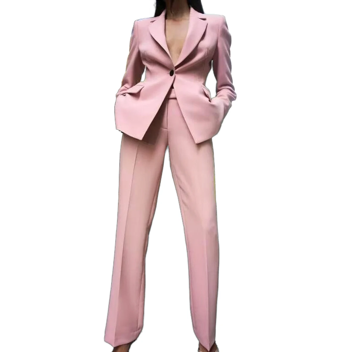 Women\'s Pink Suit Jacket A Button Vertical Pleat Design to create a lean High-waisted Commuter Air Flared Pants New