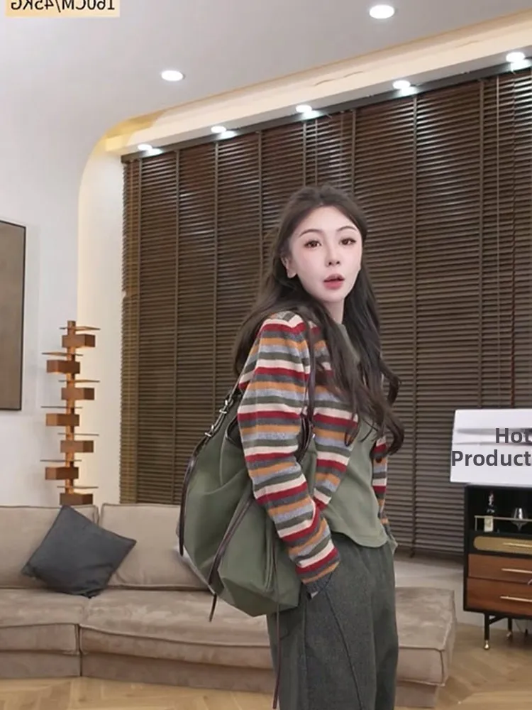 레트로 컬러 블로 스트라이프 니트 울 롱 스웨트 캐주얼 아우터웨어 패셔너블 레이지 슬레 여성용 카디건