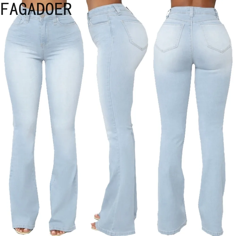 FAGADOER Fashion Jean Elasticity Skinny Flare Pants Women High Waisted Button Pocket Slin Denim Trousers Female Cowboy Bottoms