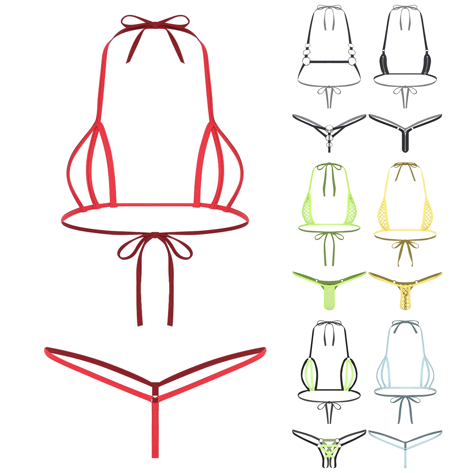 

Womens Sexy Extreme Micro Bikini Lingerie Set See Through Hollow Out Halter Neck Tiny Bra with T-back Thongs 2 Piece Nightwear