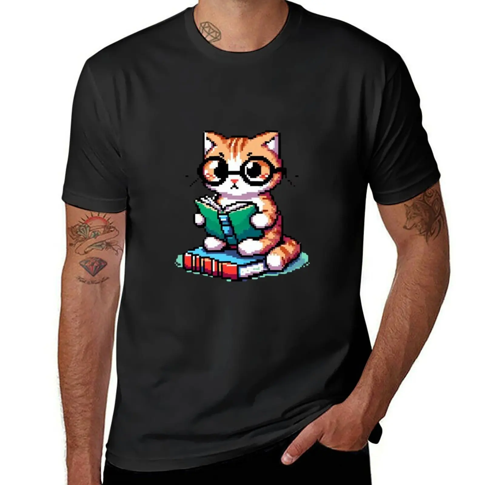 Reading Cat with Glasses T-Shirt boys animal print plus sizes men t shirts