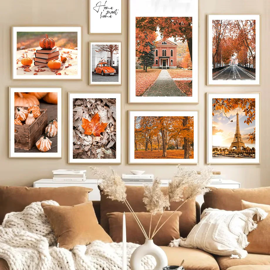 Autumn Landscape Street Paris Tower Wall Art Canvas Painting Pumpkin Leaves Posters And Prints Nordic Wall Pictures Home Decor