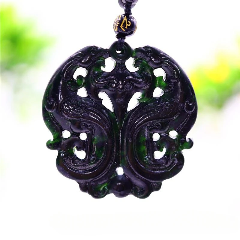 

Black Green Jade Phoenix Pendant Necklace Chinese Fashion Natural Gifts Amulet Charm Double-sided Carved Jewellery