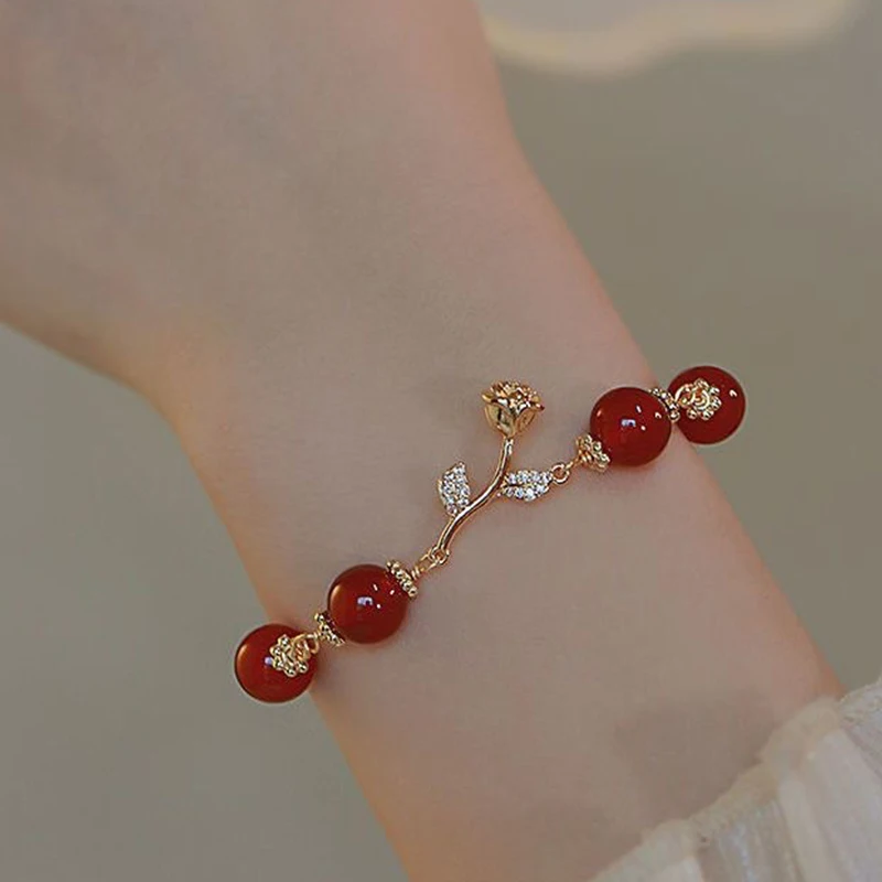 Korean Style Light Luxury Rose Charm Bracelets Fashion Chain Romantic Red Beads Rhinestone Bangle For Women Wedding Jewelry Gift