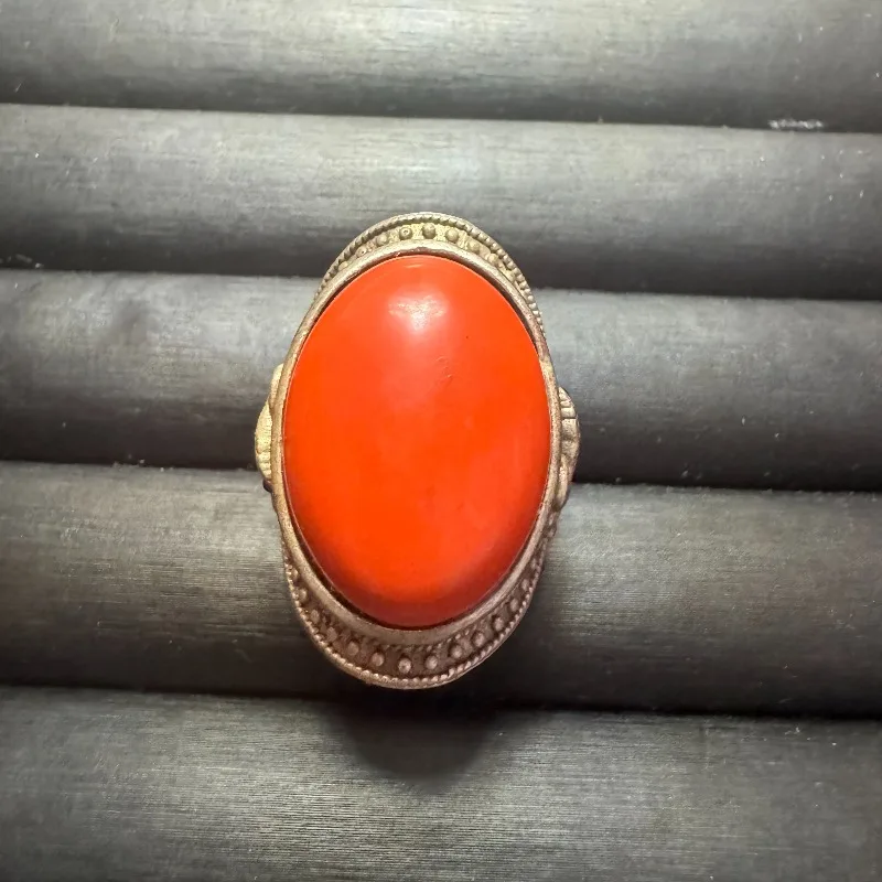 

Domineering Open Ring, Vintage Old Silver Inlaid Tibetan Mongolian Coral Solid Silver Thumb Jewelry