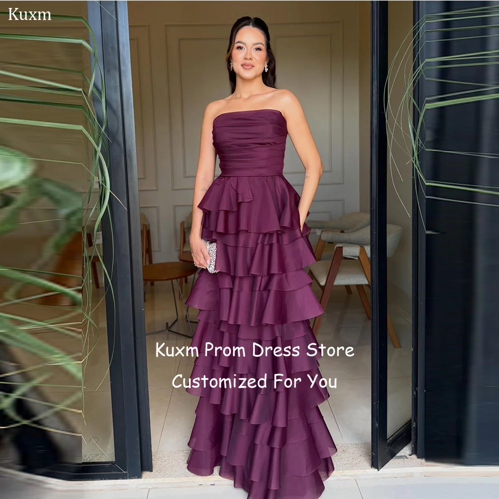 

Kuxm Purple Formal Evening Dresses Strapless A Line Tiered Elegant Prom Gowns Floor Length Backless Vestido De Fiesta Customized