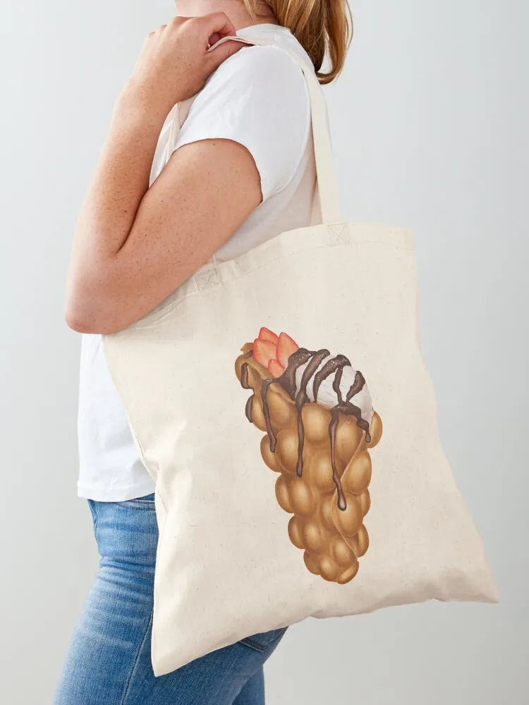Egg Bubble Waffle Vanilla Ice Cream with Strawberry Topping Tote Bag Shopper handbag Women's shopping bag Custom bag