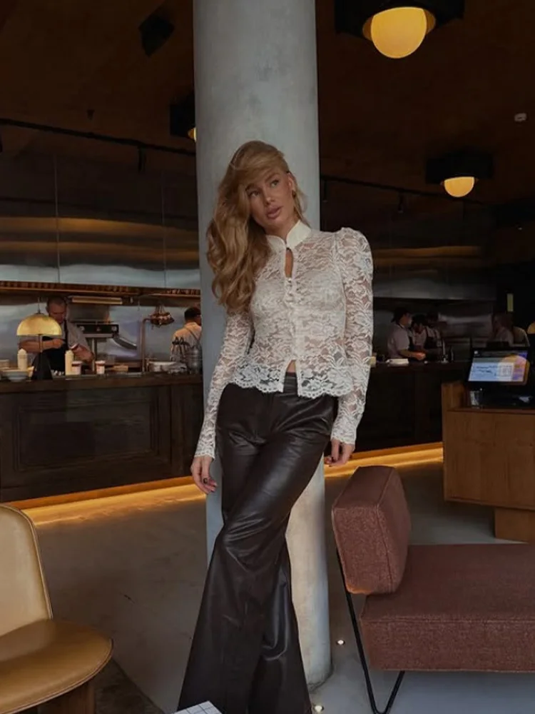 Ahagaga Eelgant Lace Women's Top Regular Long Sleeves Single Buttons Sheer Skinny Tees Half Turtleneck Floral Female T Shirts