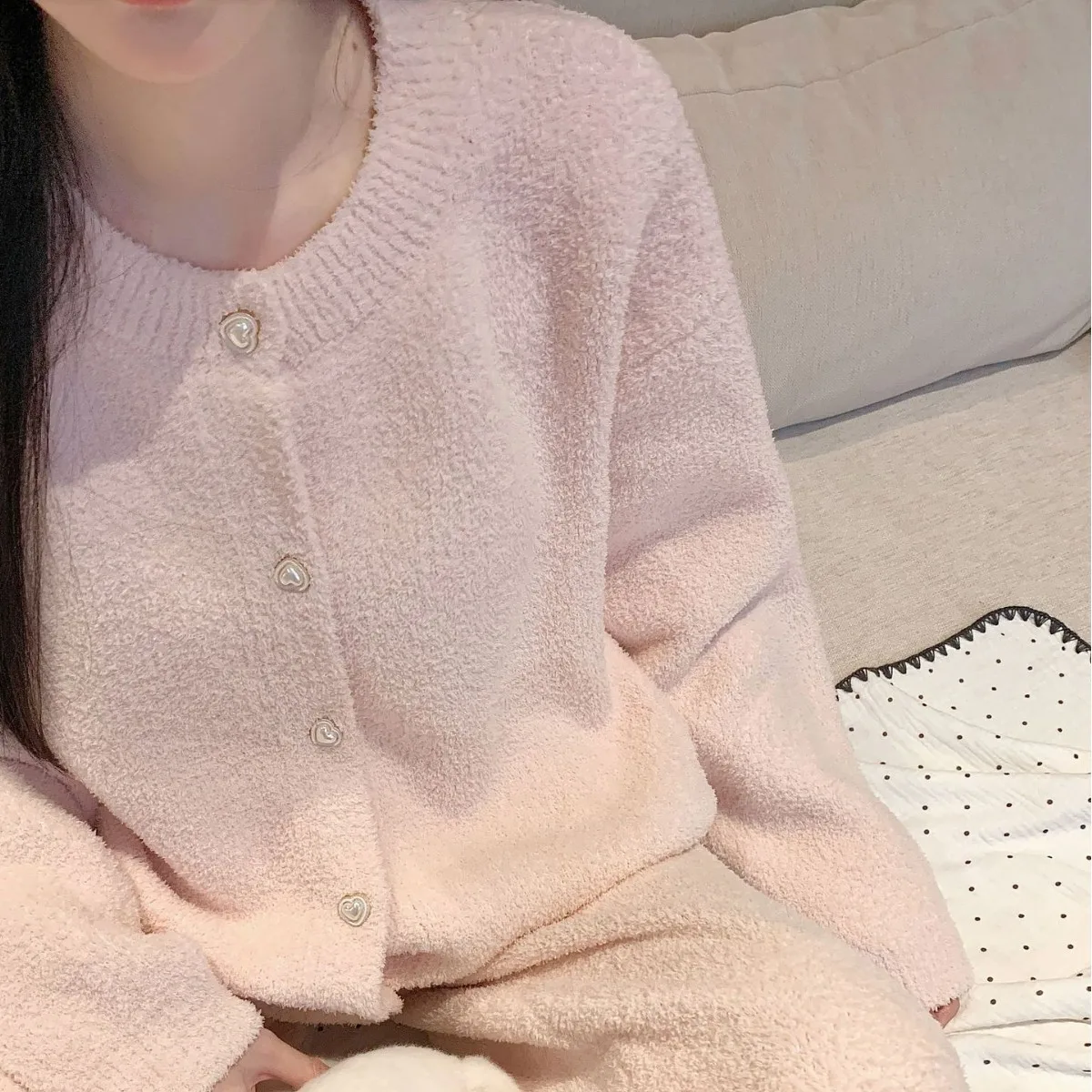 

Розовый кардиган с жемчугом, зимняя теплая одежда для сна, утепленный пижамный комплект, женские пижамные комплекты со штанами, комплекты брюк, одежда для сна, домашний костюм