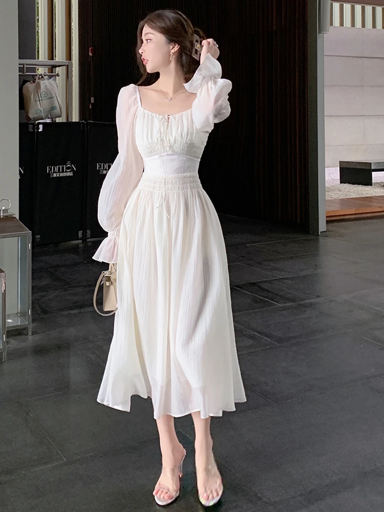 Women Elegant White Midi Dresses Summer Autumn New Backless Holiday Party Prom Long Sleeve Vestidos Korean Female Robe