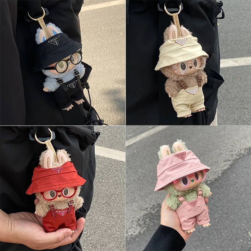 

15 17cm For Labubu Mini Doll Clothing Fisherman Hat Overalls Retro Glasses Set Clothes Sitting Party I II Dollhouse Accessories