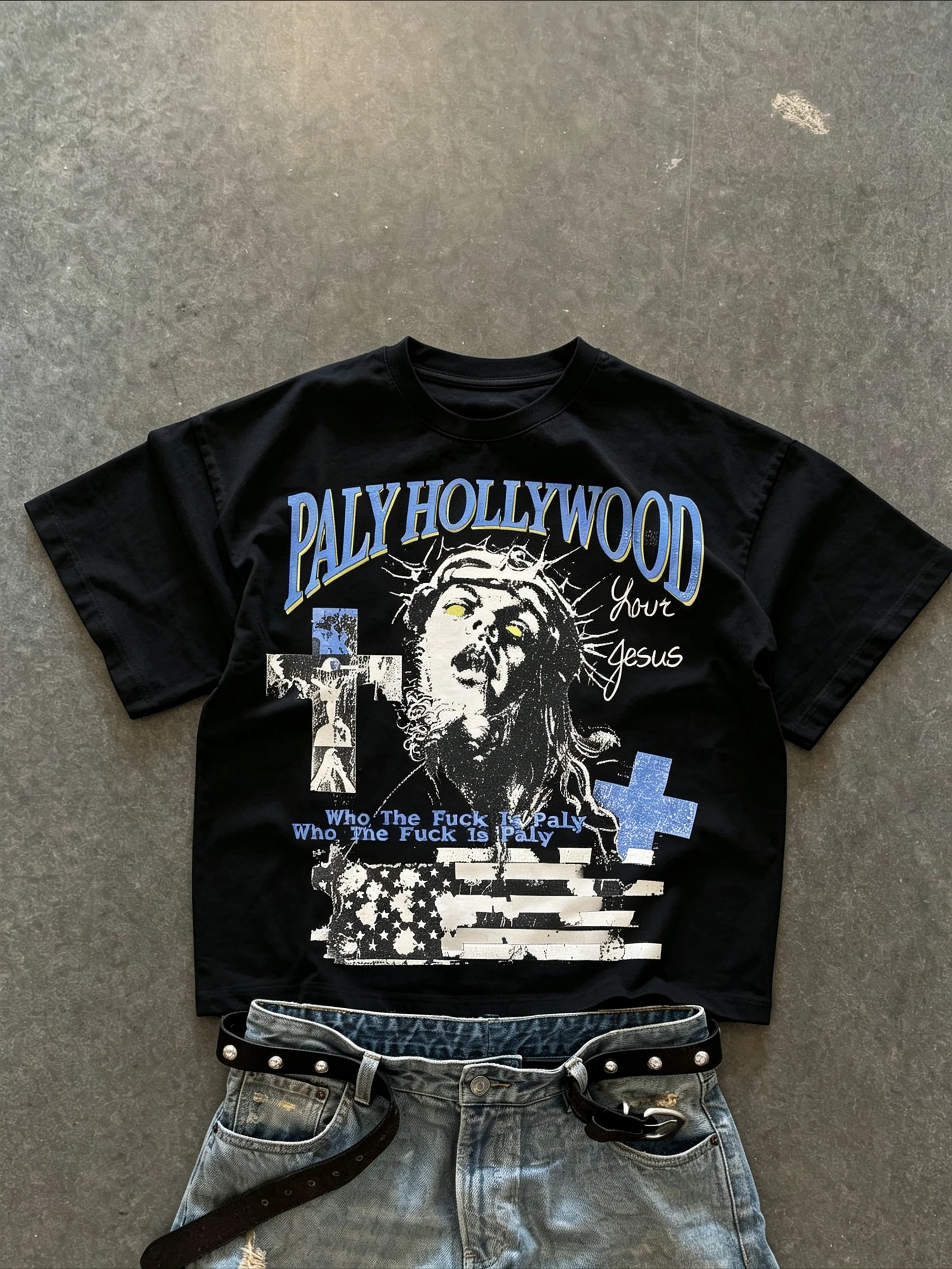 2026 New Family Matching T‑Shirt Vintage Grunge Spiritual Portrait Cross Flag Distressed Front Print Cropped Oversized CottonTee
