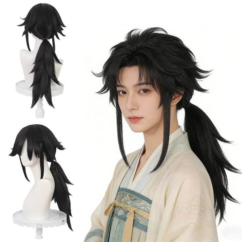 

Tomioka Giyuu Cosplay Wig Water Pillar Black Layered Spiky Low Ponytail Heat Resistant Synthetic Hair for Unisex Free Wig Cap