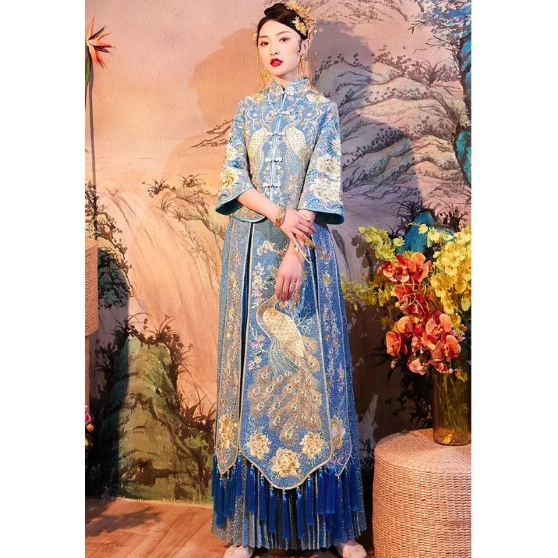 Traditional Classic Blue Peacock Embroidery Bride Cheongsam Blue Xiuhe Suit Spring Wedding Dress Exquisite Noble Tassel Dresses