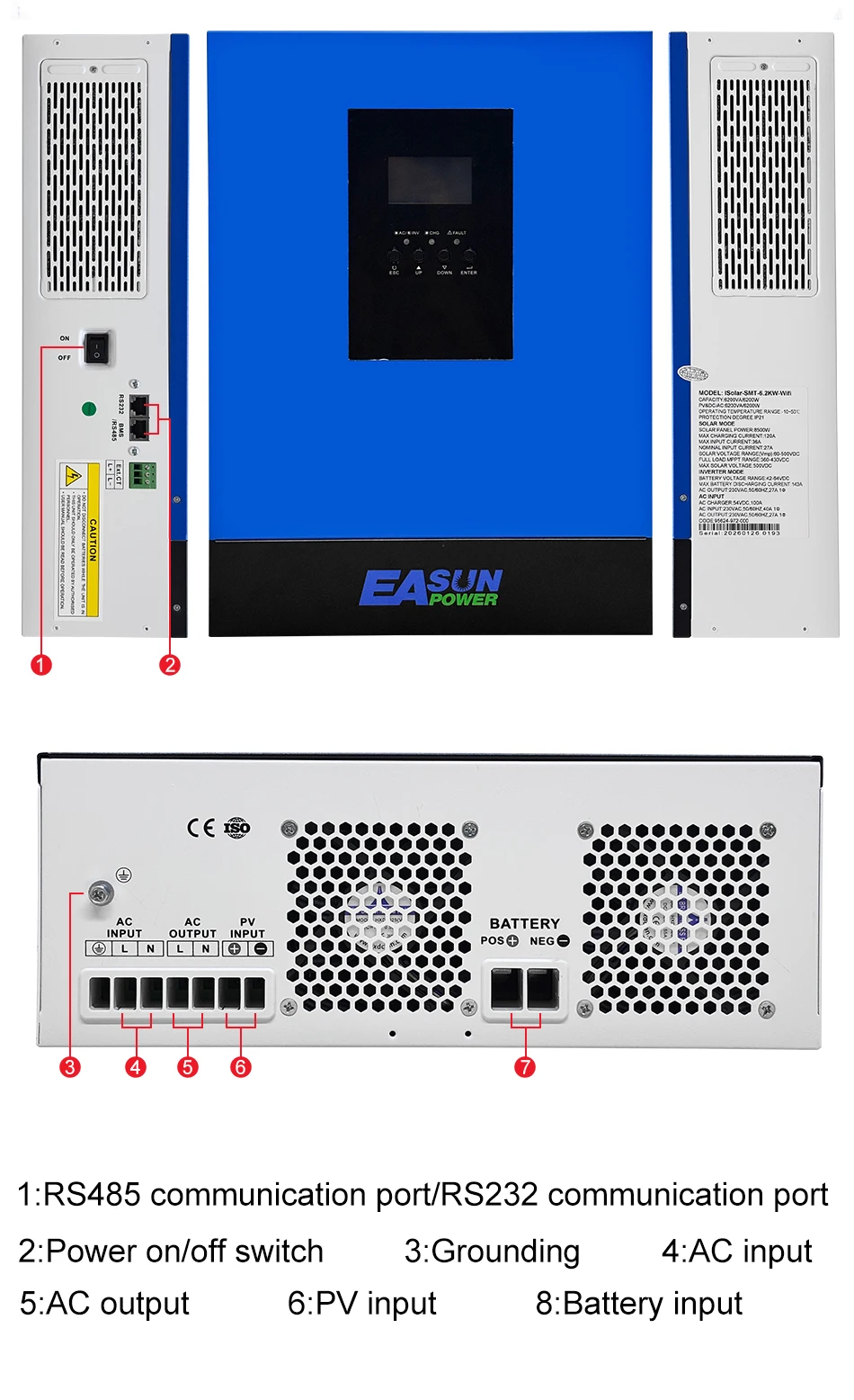 EASUN 6,2KW 48V Hybrid-Solarwechselrichter 230V Reiner Sinus Off-Grid-Wechselrichter 120A MPPT Solarladeregler für PV-Module EU-Lagerbestand – Detail 8