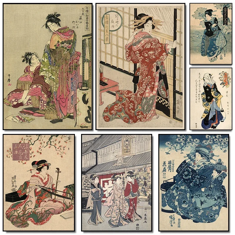 Classic Ukiyoe Japanese Geisha Woman Retro Posters Prints Canvas Painting Wall Art Picture Living Room Bar Club Home Decor