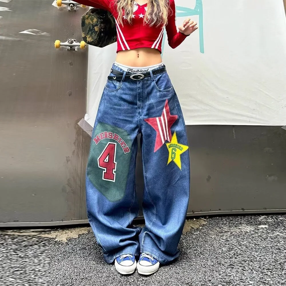 Women's Vintage Washed Jeans Digital Print Wide Leg Harem Pants Loose Fit Baggy Denim Casual Trousers