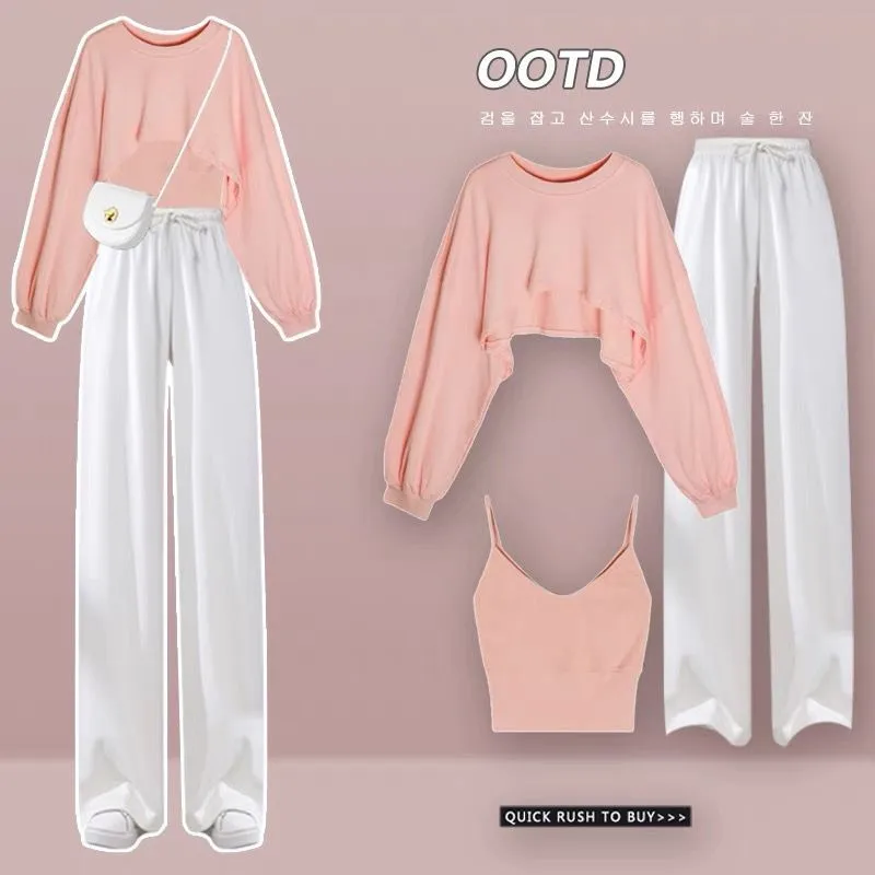 Women's Fashion Tracksuit Suit 2024 Spring Autumn New Fashion Short Sweater+casual Sling+sports Wide Leg Pants Three Piece Set