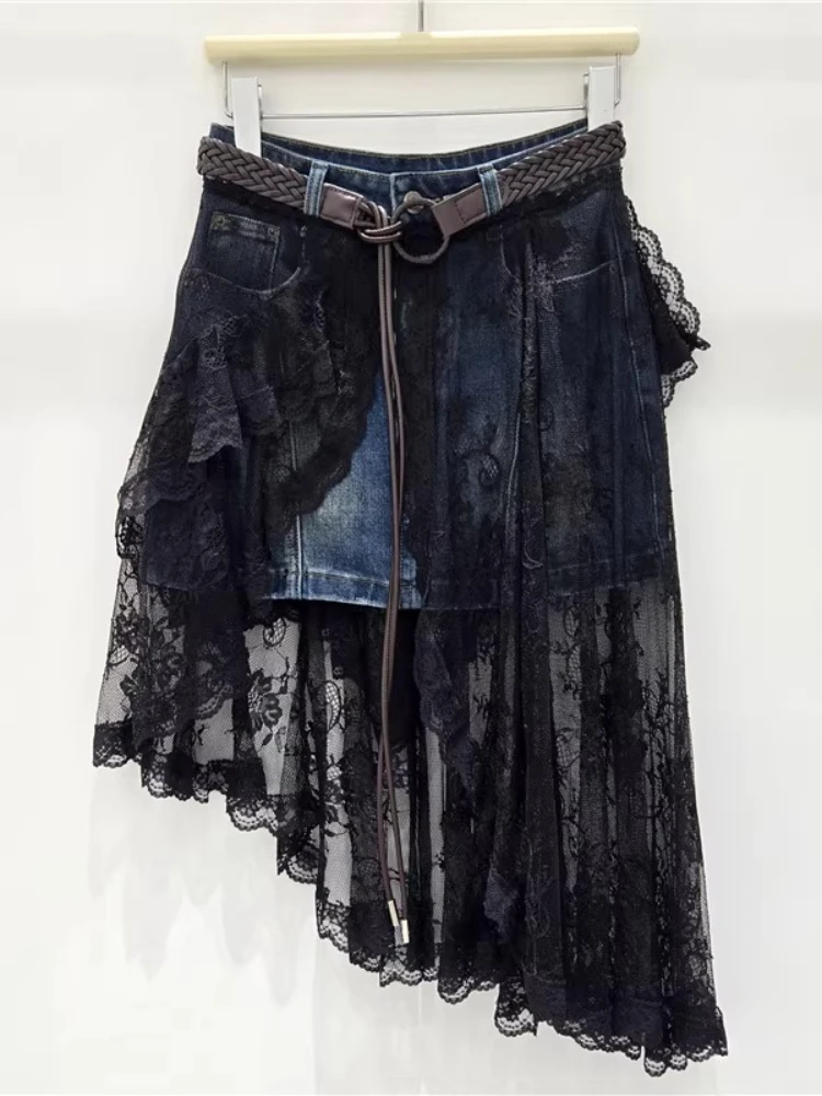 Rua irregular chique elegante renda emenda moda idade-reduzindo saia jeans feminino outono cintura alta solta coreano bolo saias