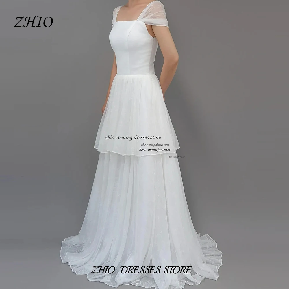 ZHIO Maßgeschneiderte elegante Chiffon koreanische Hochzeit Kurzarm Square Neck Brautkleider Korsett Hochzeit Fotoshooting Kleider