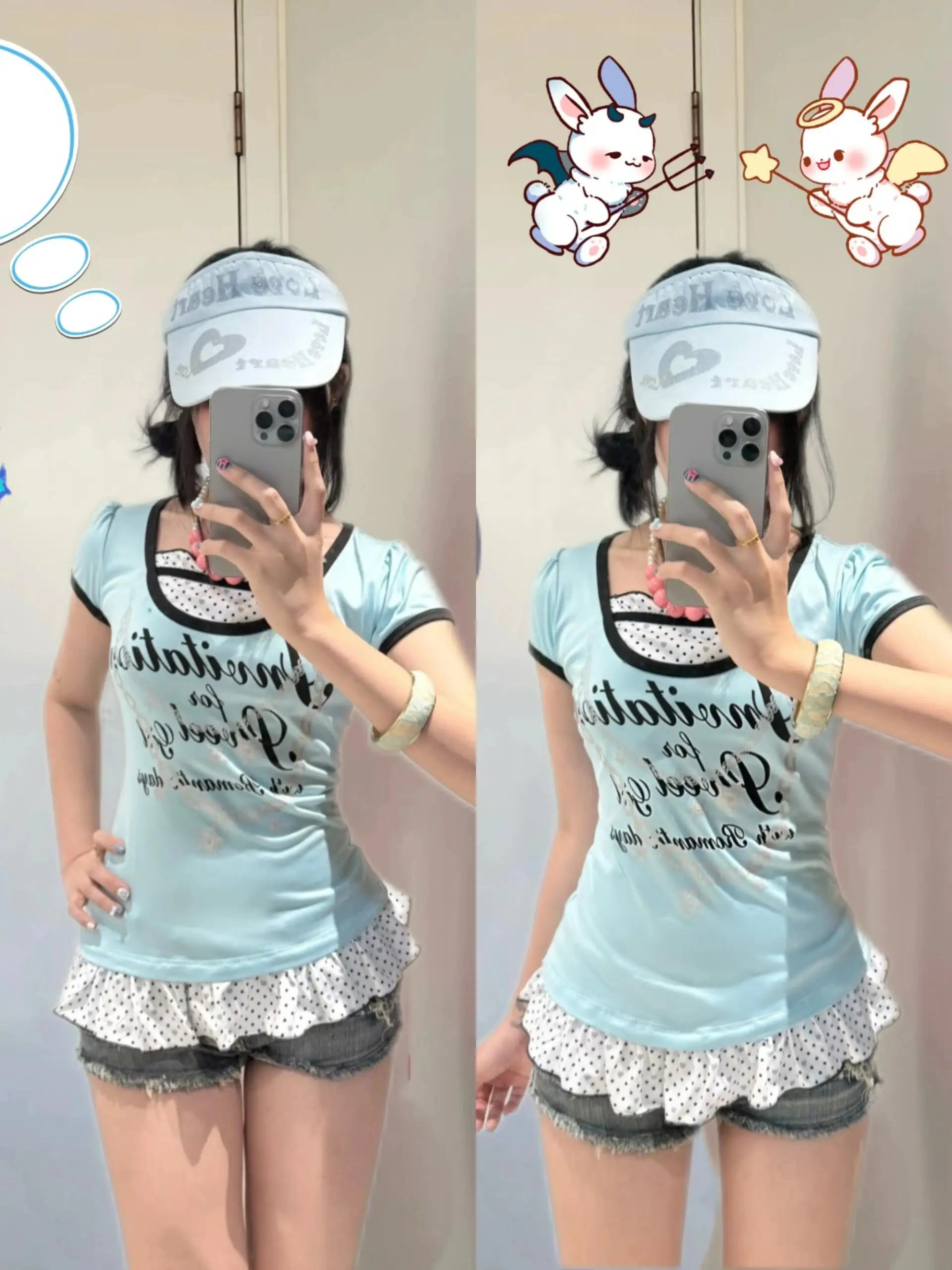 Y2K Millennium Hot Girl Letter Print Slim Fit Short Sleeve Vintage Polka Dot Splicing Lace Hem Top Fake Two-Piece T-Shirt
