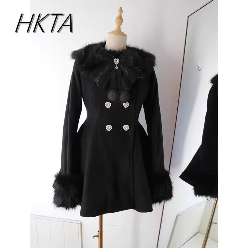 Christmas New Year's Black Cashmere Coat Japanese Mine Bow Fur Collar Woolen Coat Winter New Bow Slim-fitting Black Wool Coats