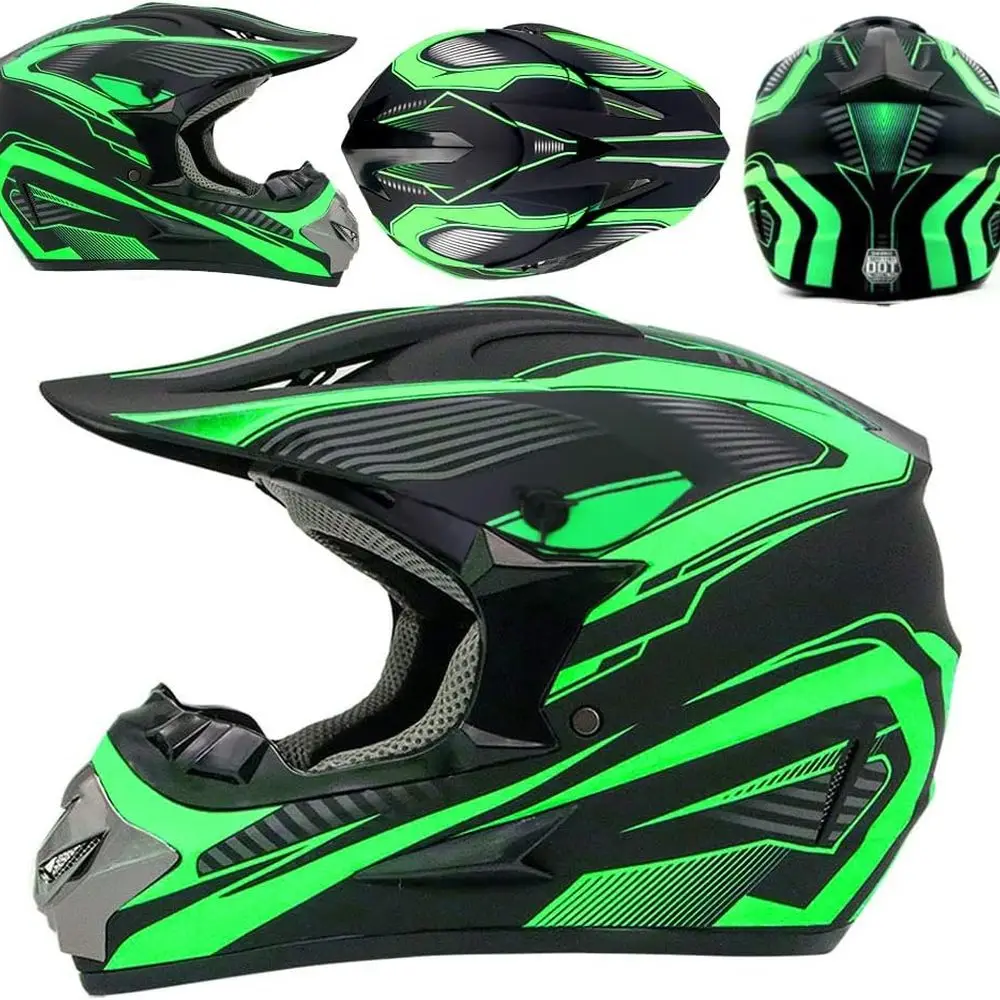 Jeugd ATV crossmotorhelm met handschoenen, bril en masker, DOT-gecertificeerd, 4-delige set, groen, maat S