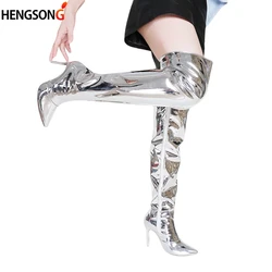 Fashion Bright PU Mirror Party High Heels Women Shoes Pointed Toe Footwear 2023 Plus Size Over The Knee Boots Boot Zip Shoes 43